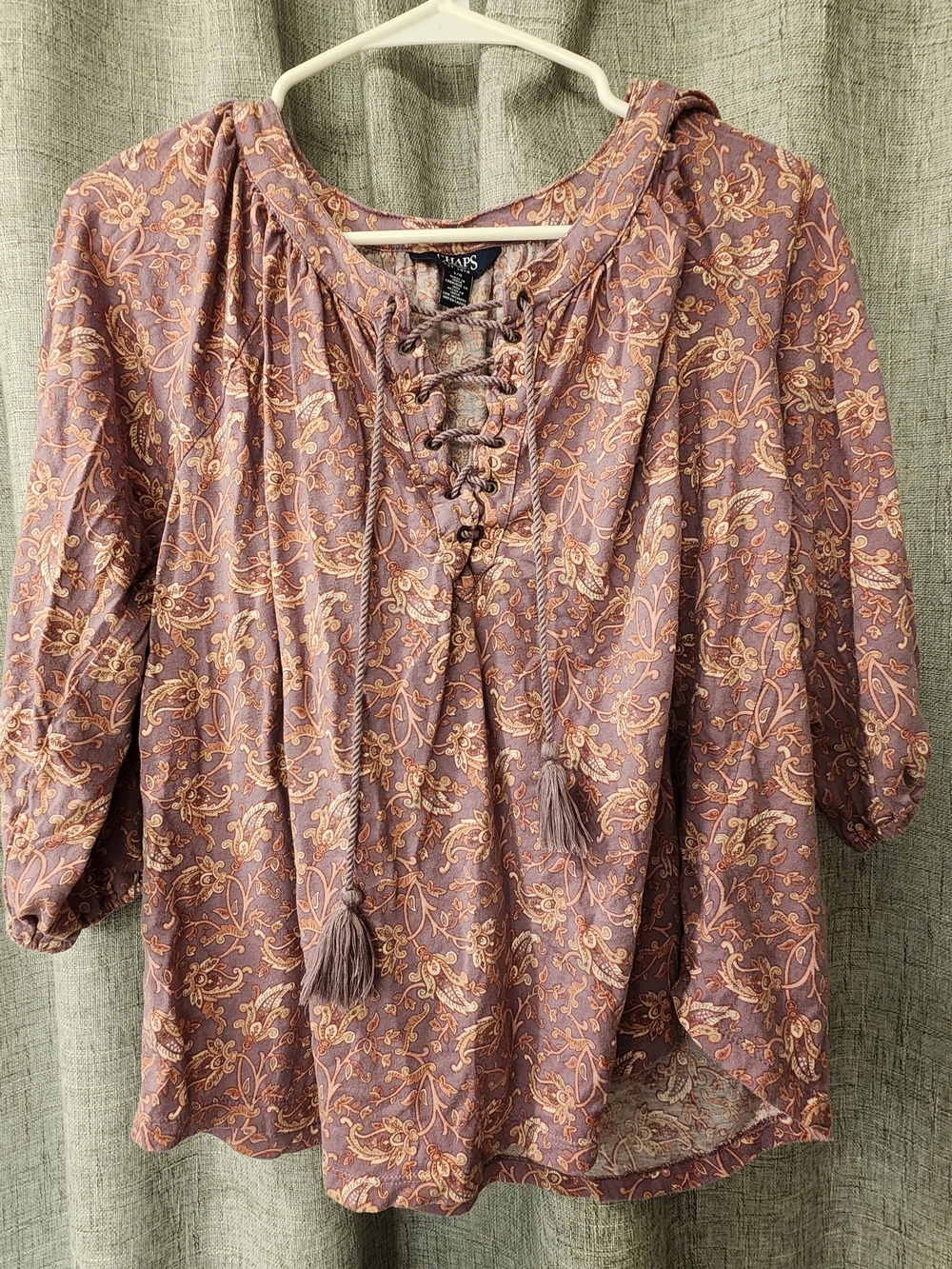 Chaps Mauve Floral Lace-Up Peasant Blouse